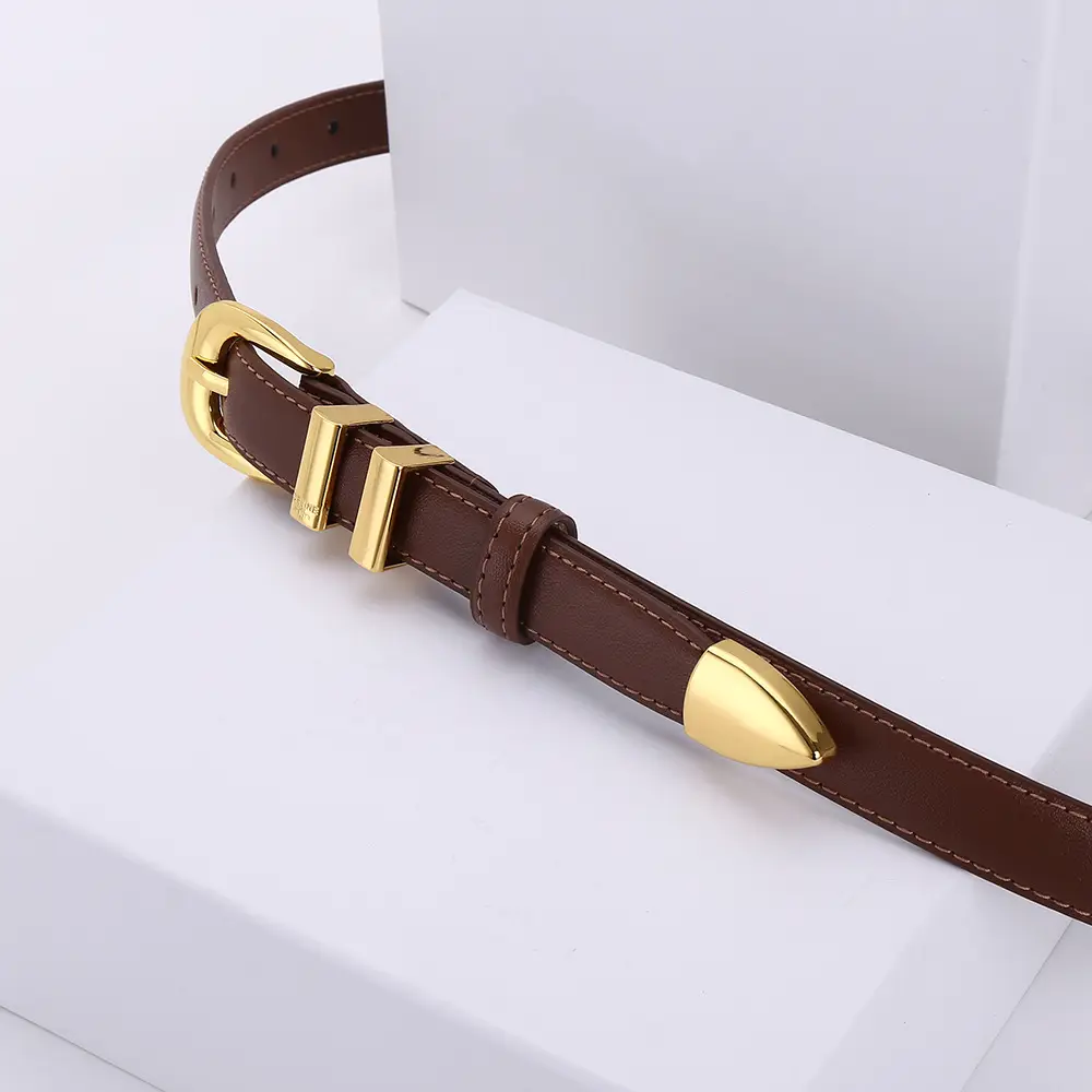 Women's Arc de Triomphe Gold Buckle Belt Brown Black — feature 11
