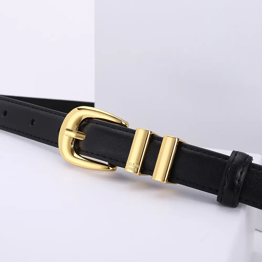 Women's Arc de Triomphe Gold Buckle Belt Brown Black — feature 14