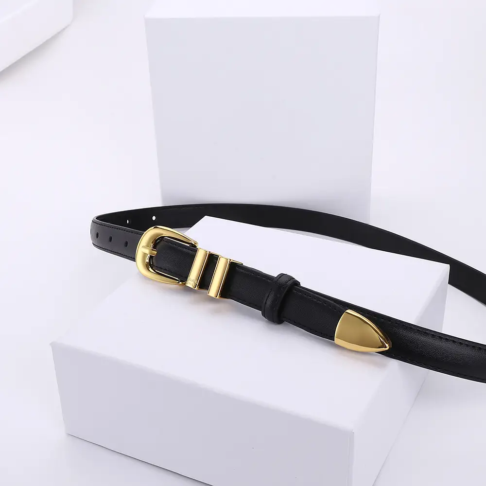 Women's Arc de Triomphe Gold Buckle Belt Brown Black — feature 20