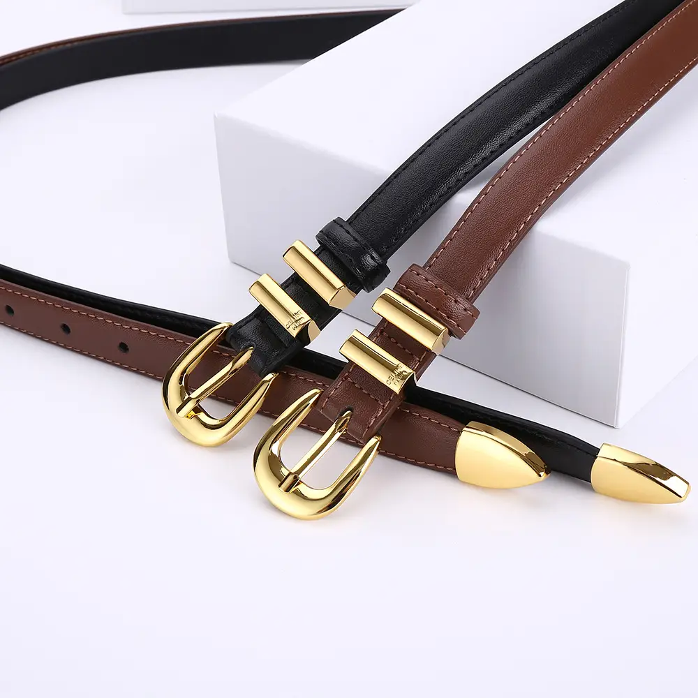 Women's Arc de Triomphe Gold Buckle Belt Brown Black — feature 23