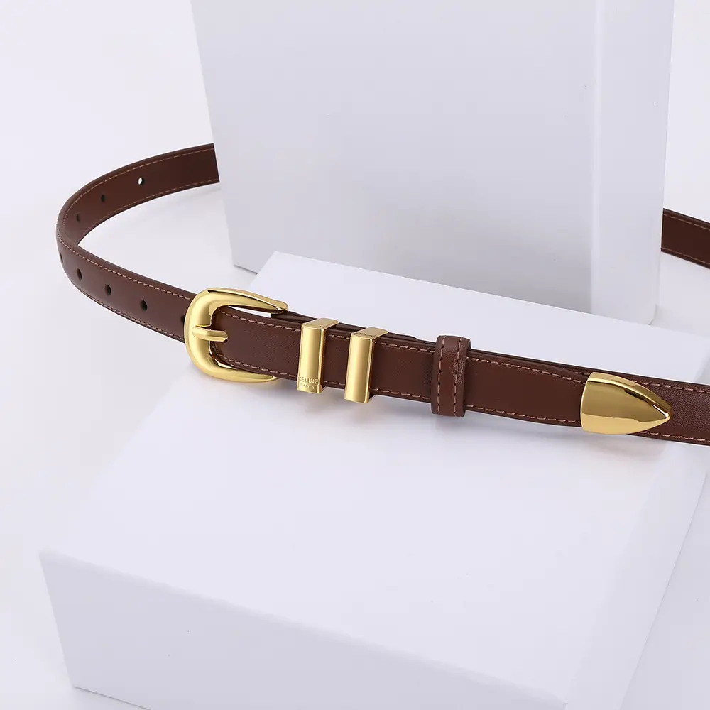 Women's Arc de Triomphe Gold Buckle Belt Brown Black - Image 2