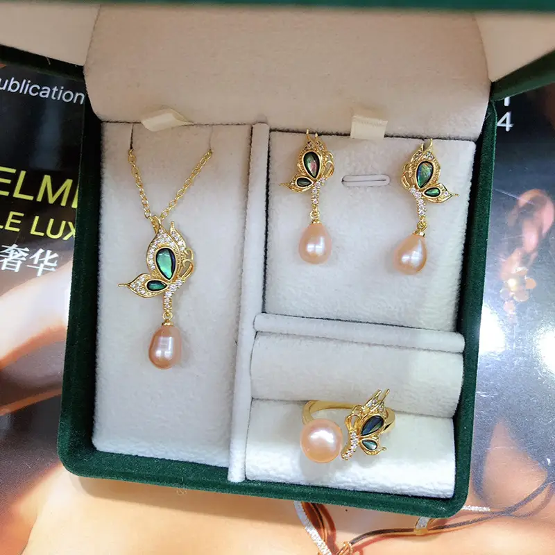 Three-Piece Pearl Necklace Earrings Ring Set for Ladies - Image 3