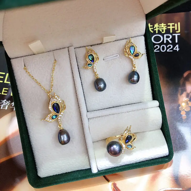 Three-Piece Pearl Necklace Earrings Ring Set for Ladies - Image 5