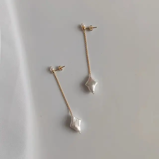 Pearl Star Earrings Gold Silver Long 14k - Image 4