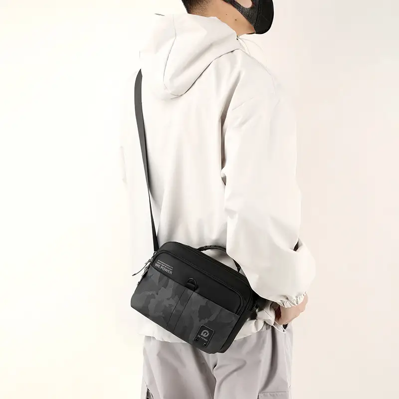 Men Black Camo Shoulder Bag with Adjustable Strap - Image 11