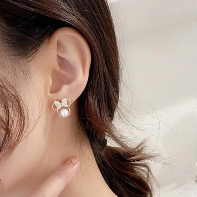 Mickey Mouse Bow Pearl Earrings for Women - Image 2