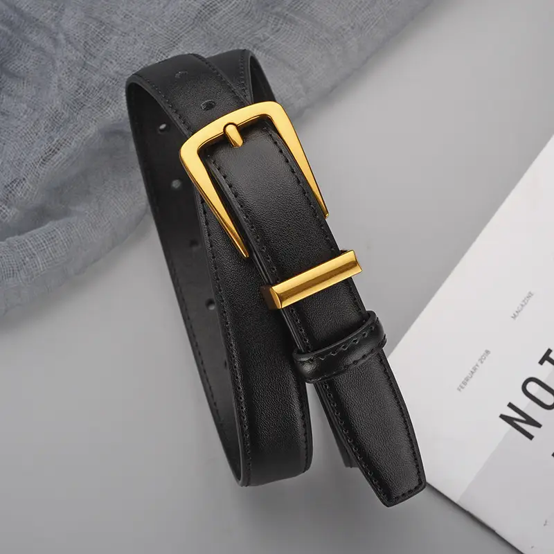 Black Leather Belt with Gold Alloy Buckle for Women - Image 3