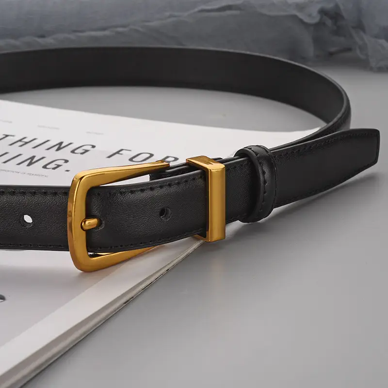 Black Leather Belt with Gold Alloy Buckle for Women - Image 4
