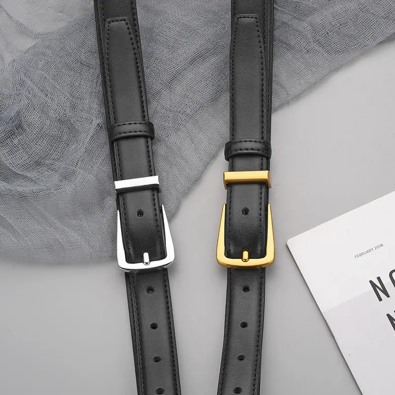 Black Leather Belt with Gold Alloy Buckle for Women - Image 6