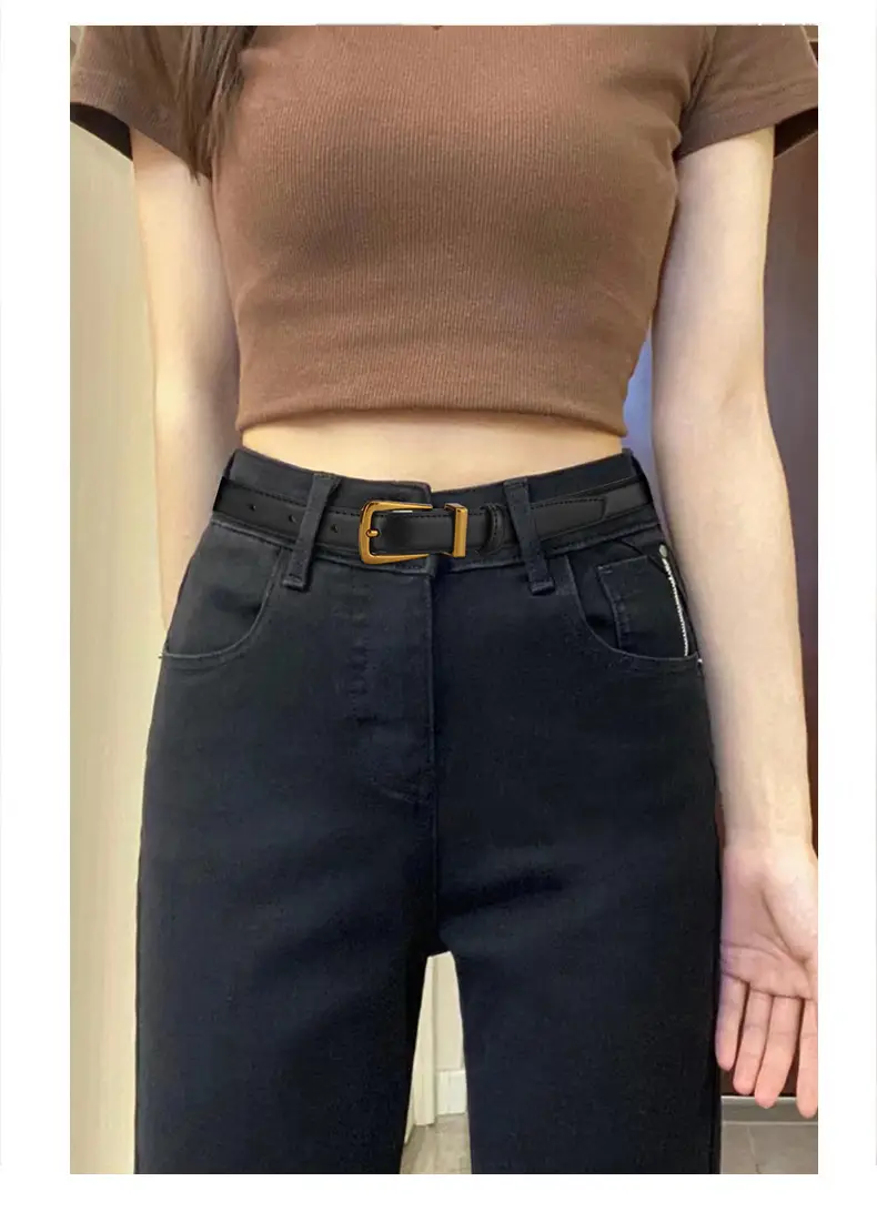 Black Leather Belt with Gold Alloy Buckle for Women — feature 2