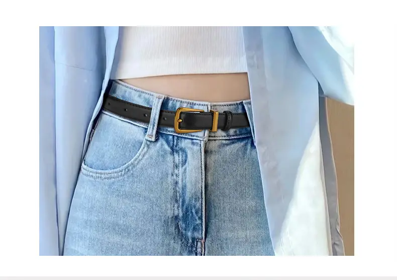 Black Leather Belt with Gold Alloy Buckle for Women — feature 3