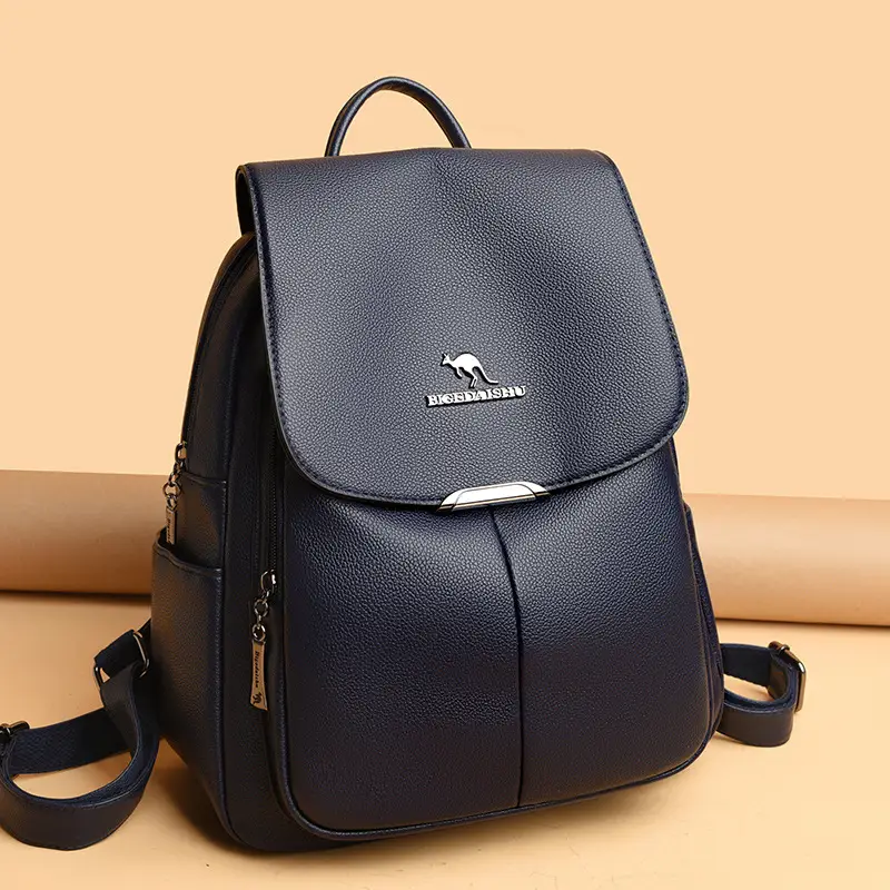 Women's 2024 Soft Leather Backpack Blue Large Capacity - Image 5