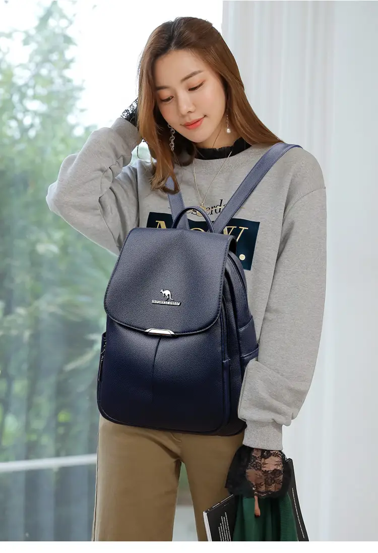 Women's 2024 Soft Leather Backpack Blue Large Capacity — feature 11