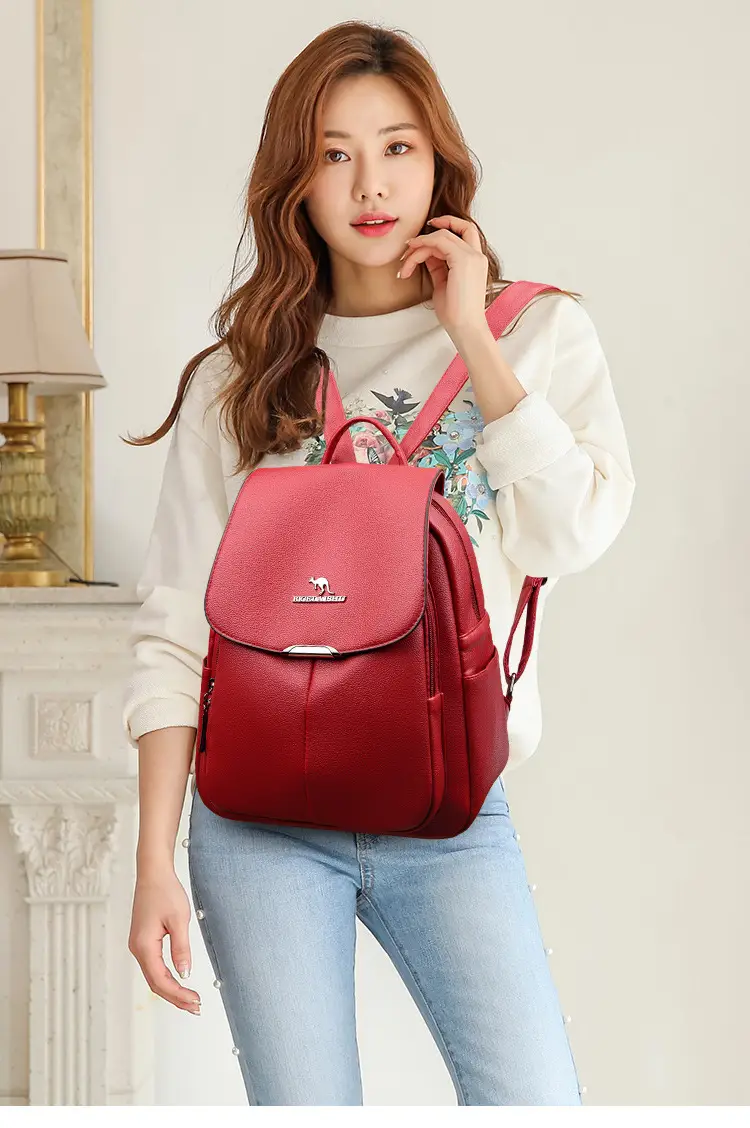 Women's 2024 Soft Leather Backpack Blue Large Capacity — feature 13