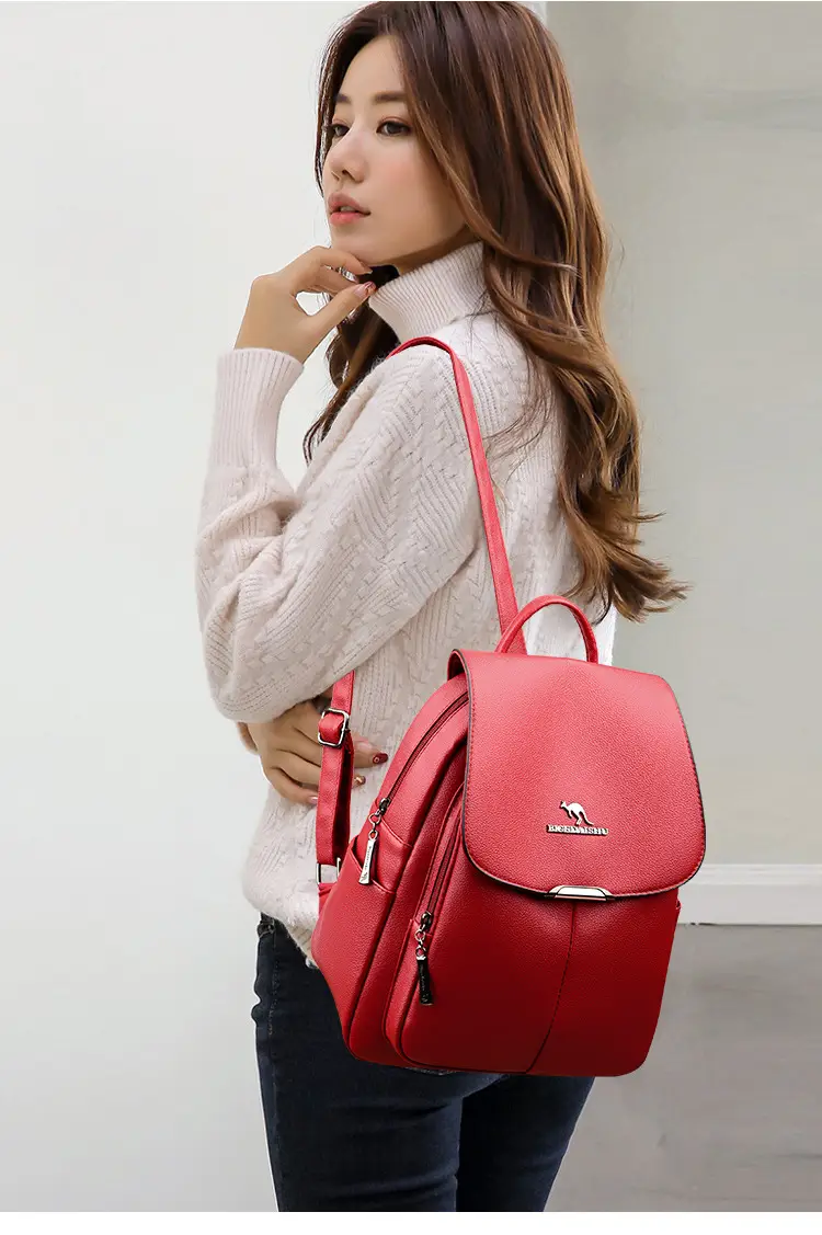 Women's 2024 Soft Leather Backpack Blue Large Capacity — feature 14