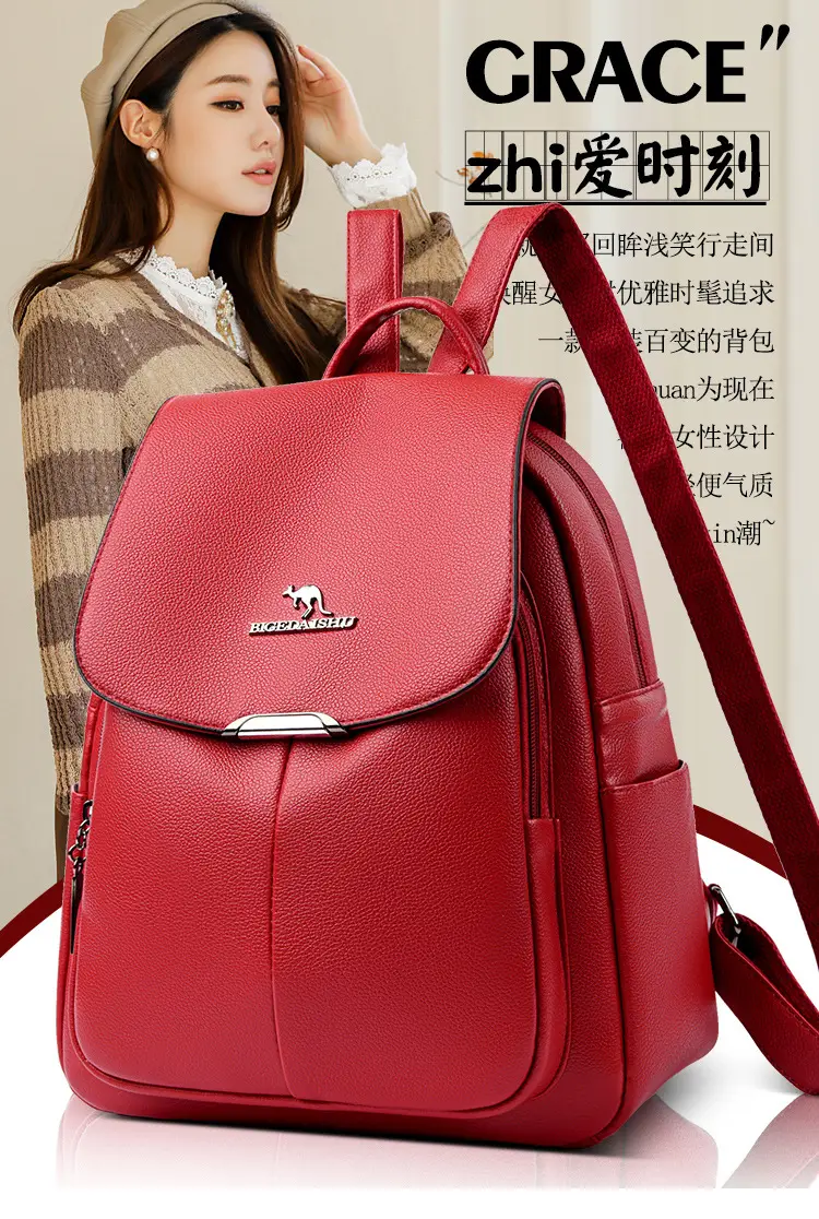 Women's 2024 Soft Leather Backpack Blue Large Capacity — feature 2