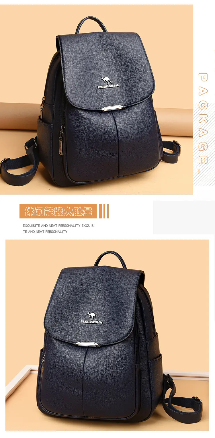 Women's 2024 Soft Leather Backpack Blue Large Capacity — feature 9