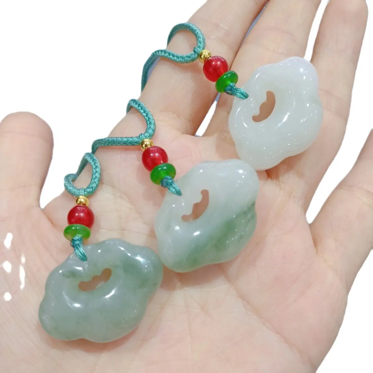 Tianshan Cui Ruyi Double Sided Green Jade Pendant Set - Image 2
