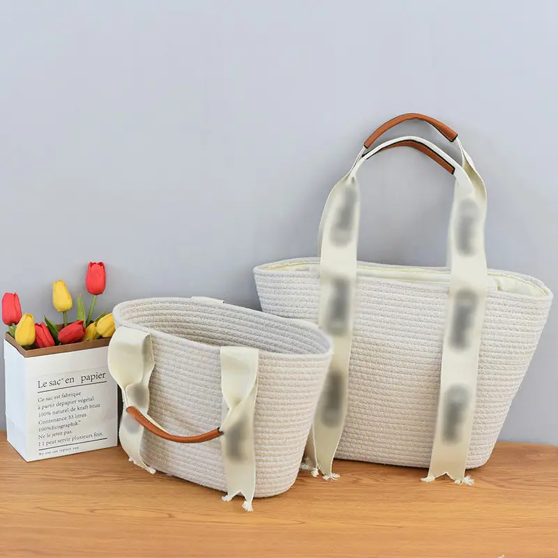 Women Straw Handheld & Shoulder Bag Set Cotton String Tote - Image 9