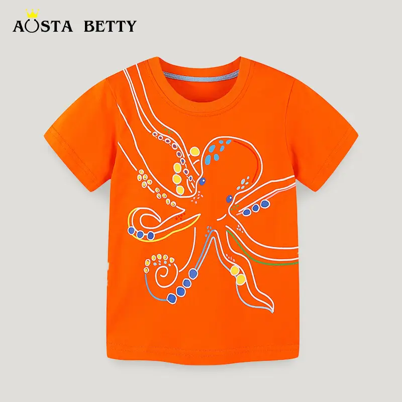26 Summer Boys T-Shirt Orange Cartoon Print Round Neck - Image 2