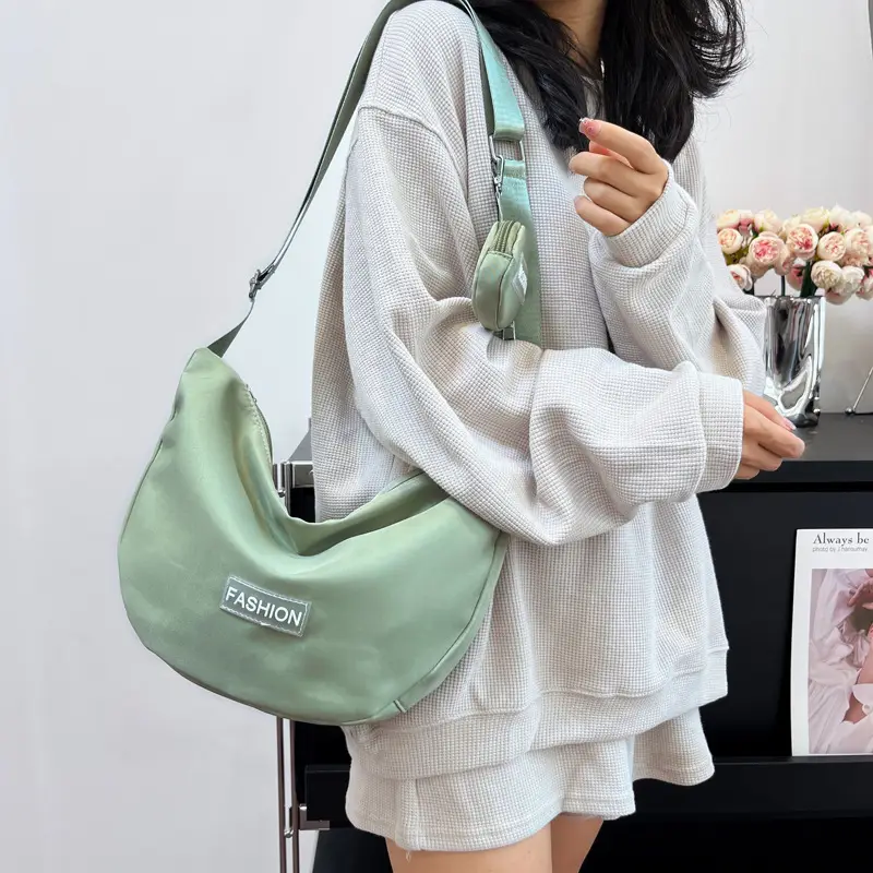 Women's Crescent Shoulder Bag Green Canvas Large Capacity