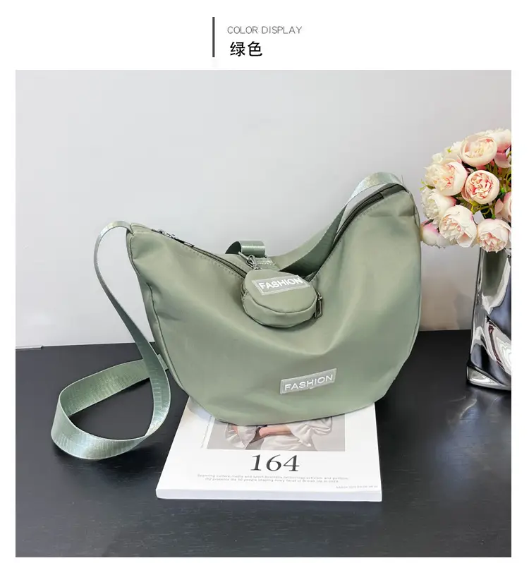 Women's Crescent Shoulder Bag Green Canvas Large Capacity — feature 12
