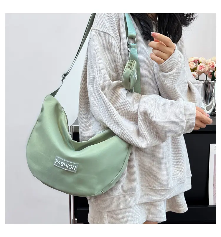 Women's Crescent Shoulder Bag Green Canvas Large Capacity — feature 20