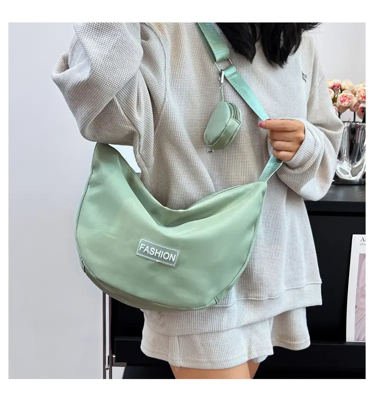 Women's Crescent Shoulder Bag Green Canvas Large Capacity — feature 21