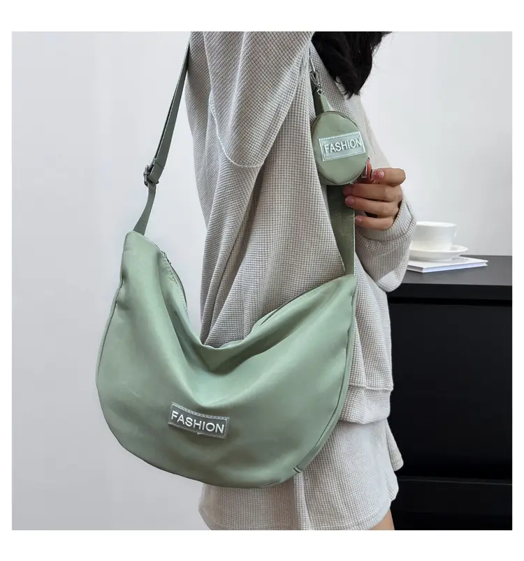 Women's Crescent Shoulder Bag Green Canvas Large Capacity — feature 22