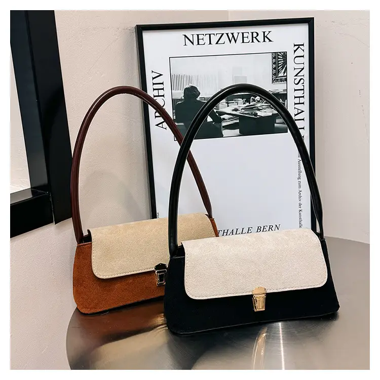 Women's Frosted Shoulder Bag Black Beige Buckle Closure - Image 3