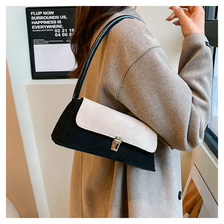 Women's Frosted Shoulder Bag Black Beige Buckle Closure - Image 5