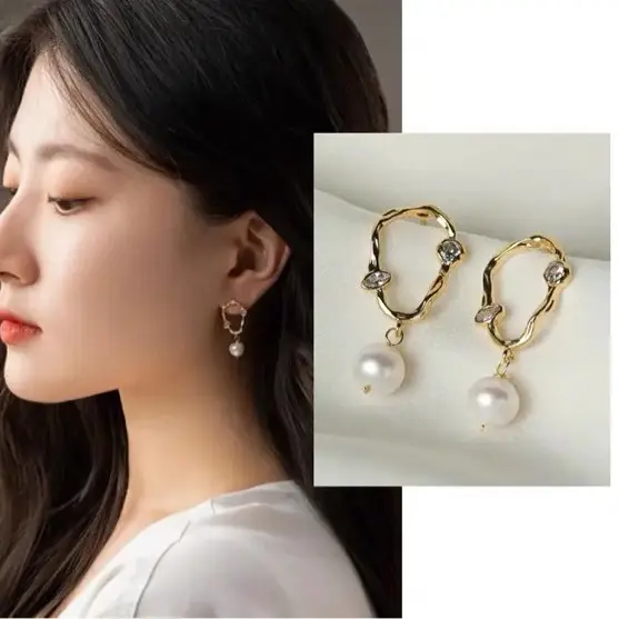 14K Gold Pearl Earrings Unique Geometric Design - Image 2
