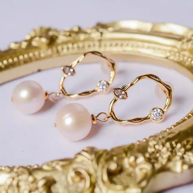 14K Gold Pearl Earrings Unique Geometric Design - Image 4