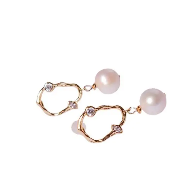 14K Gold Pearl Earrings Unique Geometric Design - Image 5