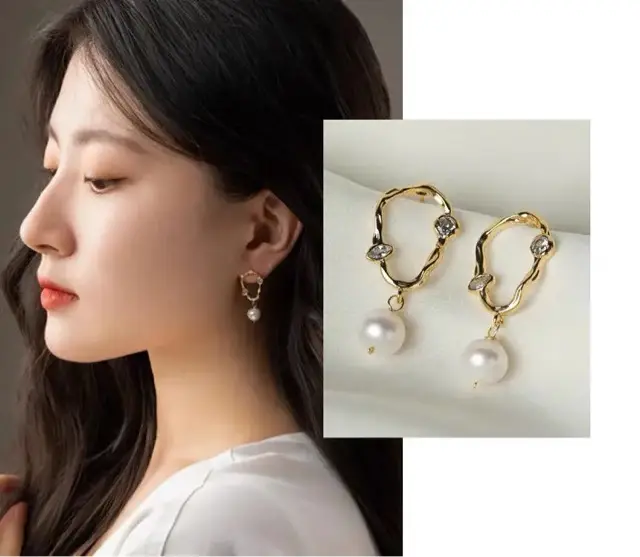 14K Gold Pearl Earrings Unique Geometric Design — feature 1