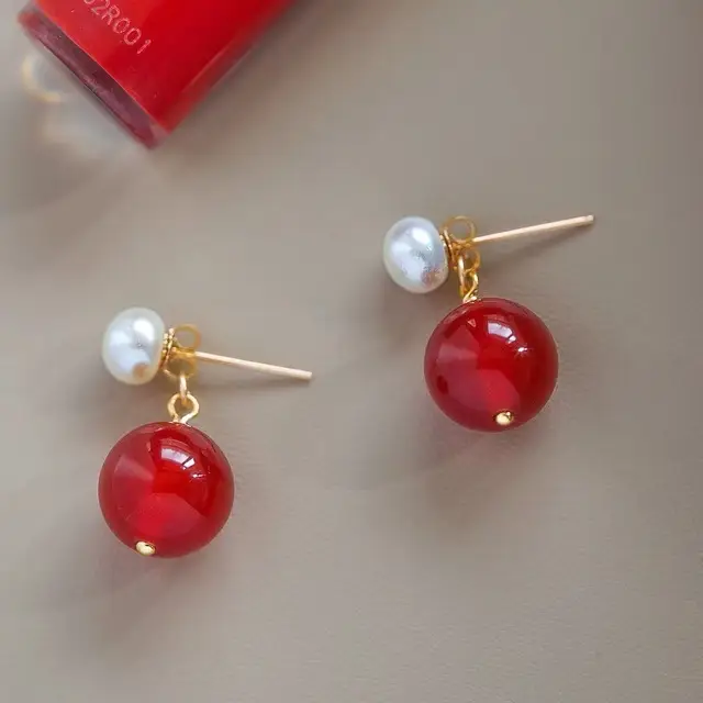 Vintage Red Agate Pearl Earrings 14K Gold - Image 2