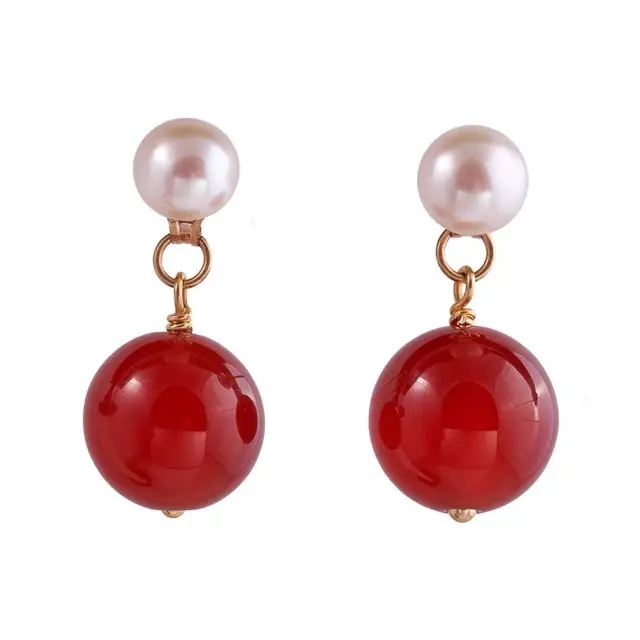 Vintage Red Agate Pearl Earrings 14K Gold - Image 5