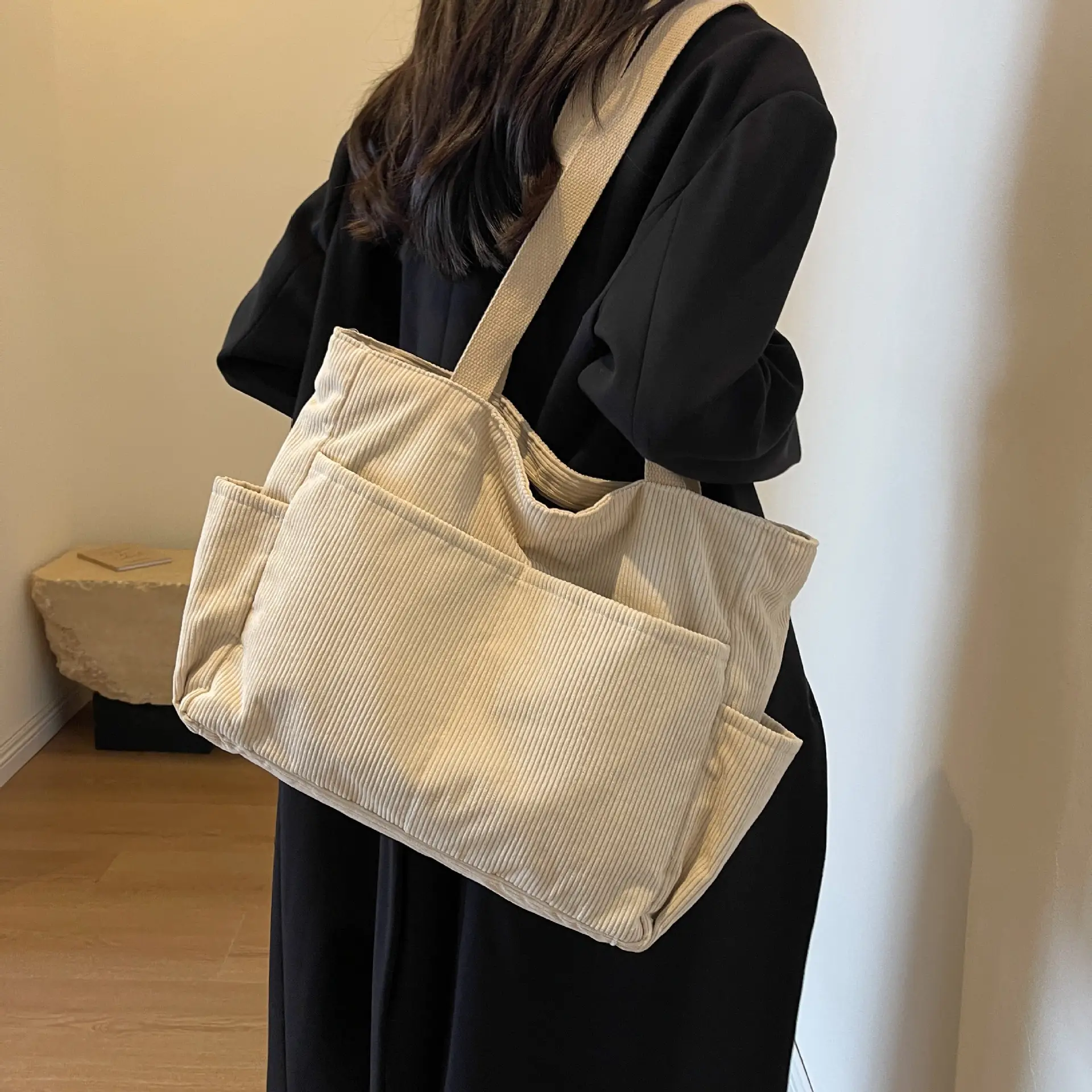 Japanese Corduroy Shoulder Messenger Bag Grey Large Capacity - Image 3