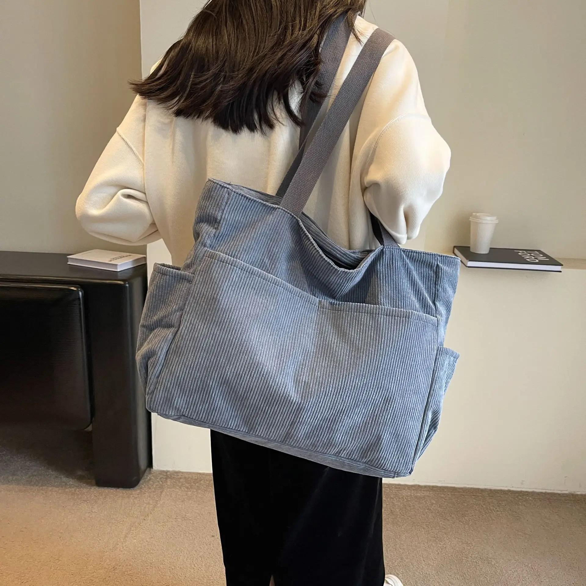 Japanese Corduroy Shoulder Messenger Bag Grey Large Capacity - Image 4