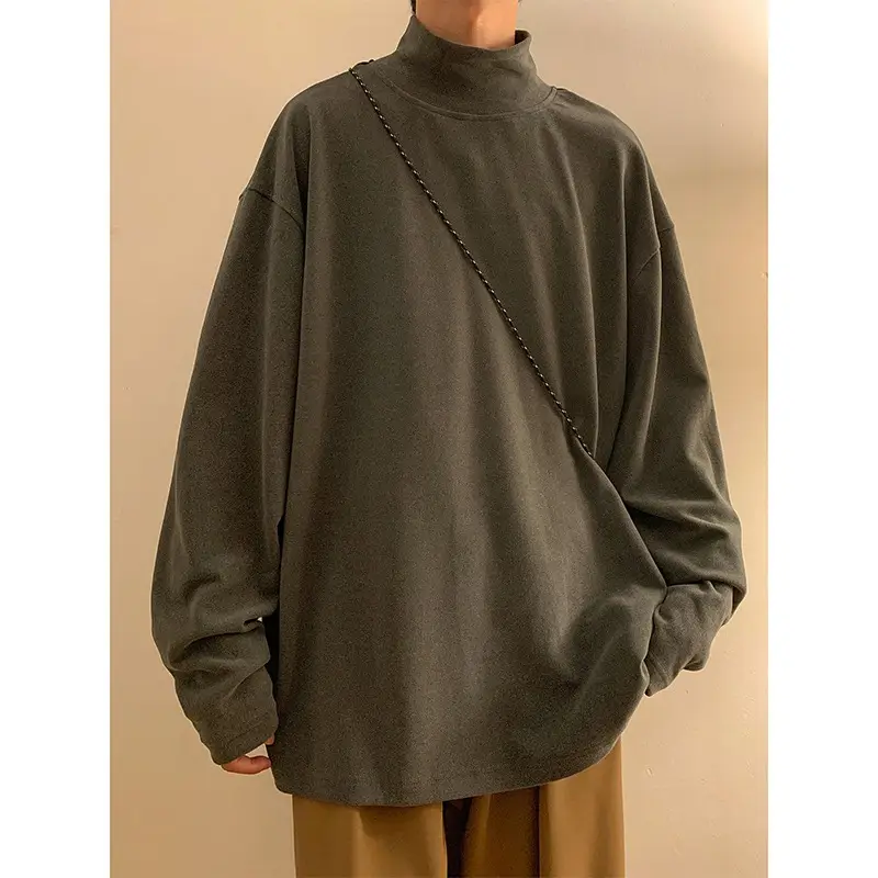 Men Velvet Turtleneck Long Sleeve Sweater Beige - Image 2