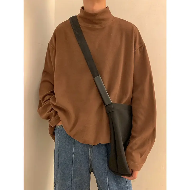 Men Velvet Turtleneck Long Sleeve Sweater Beige - Image 4