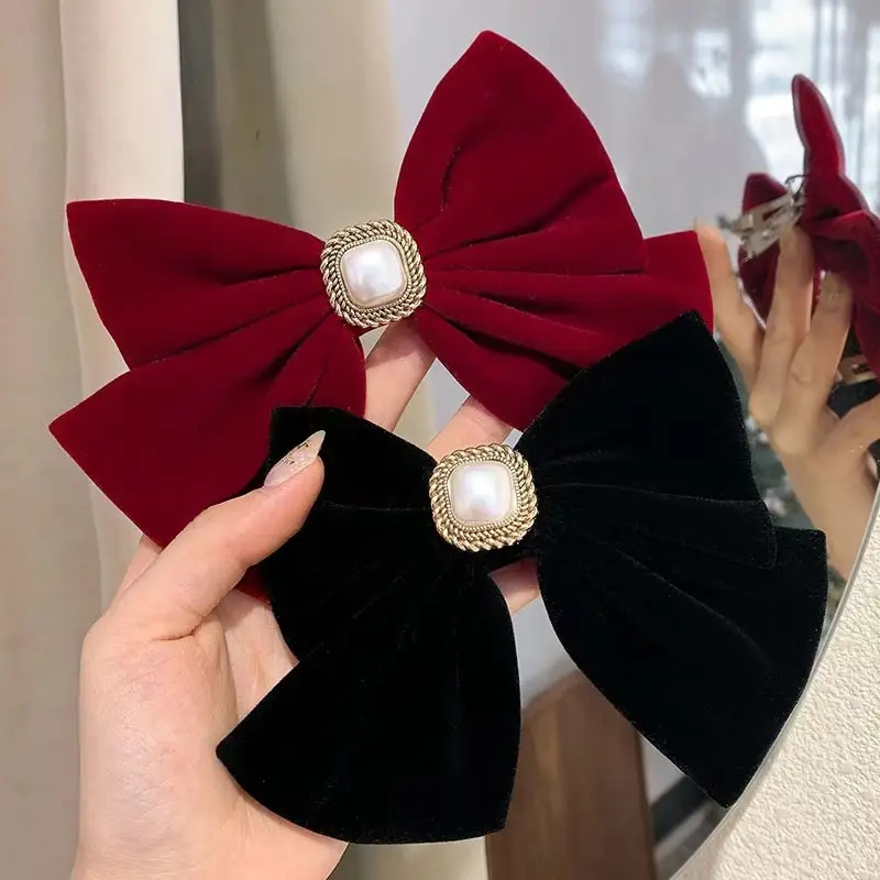 Velvet Spring Clip Bow Red with Pearl Trim