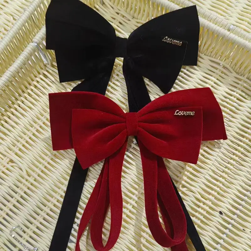 Velvet Spring Clip Bow Red with Pearl Trim