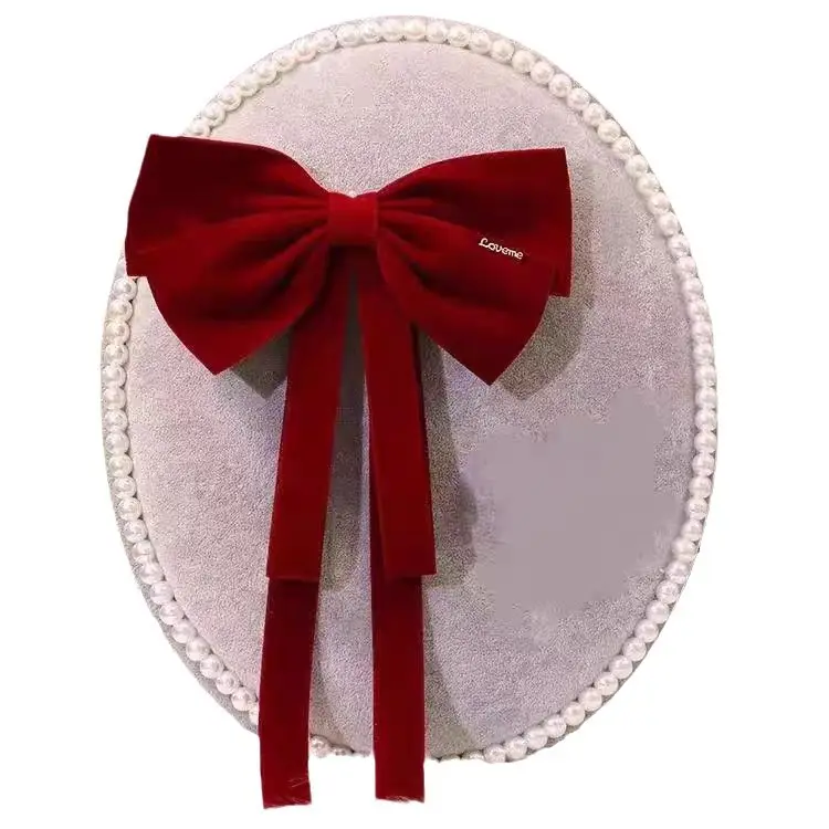 Velvet Spring Clip Bow Red with Pearl Trim