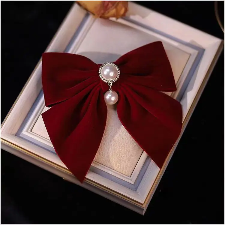 Velvet Spring Clip Bow Red with Pearl Trim — feature 27