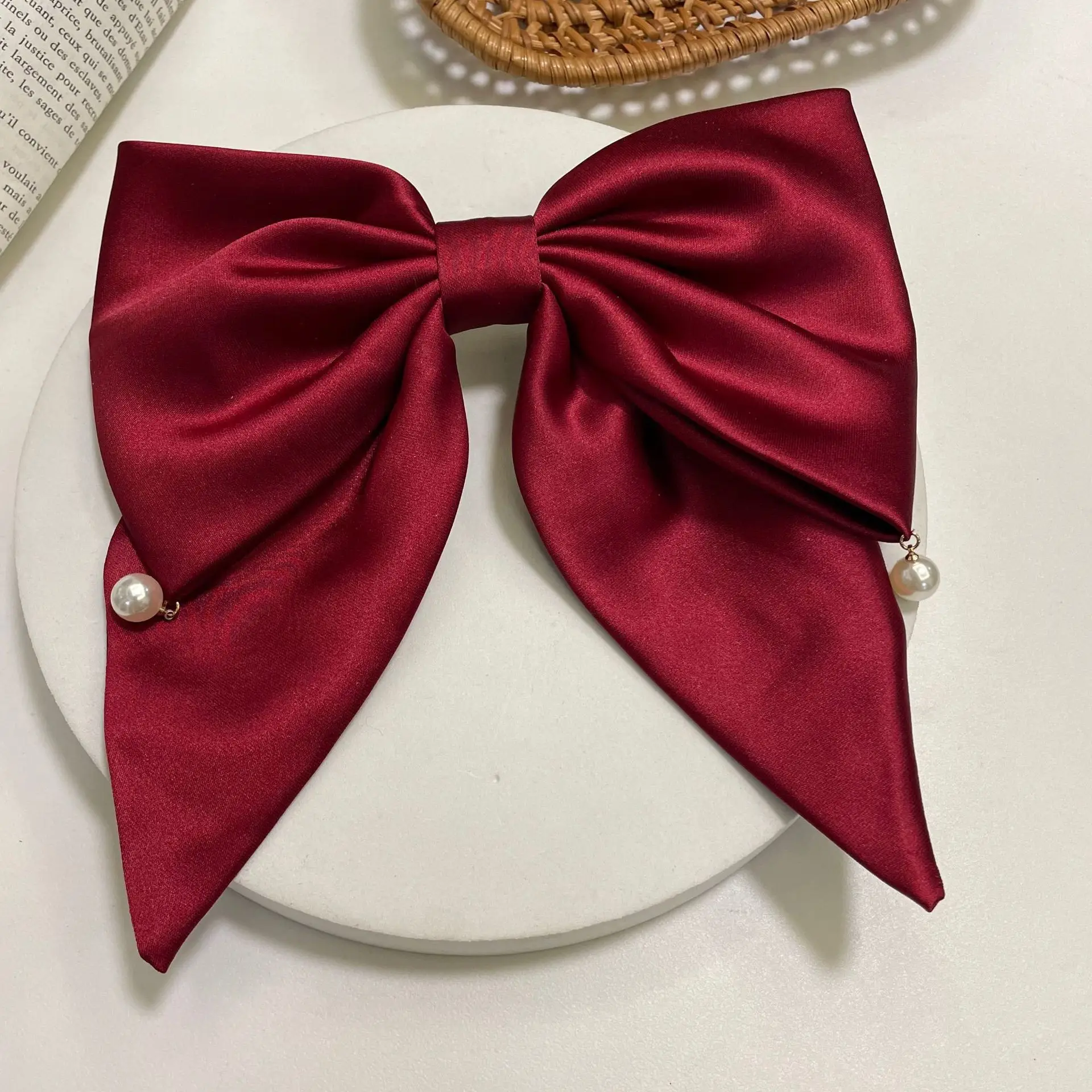 Velvet Spring Clip Bow Red with Pearl Trim