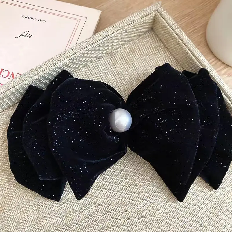 Velvet Spring Clip Bow Red with Pearl Trim