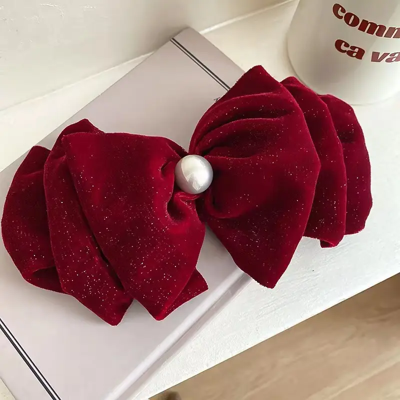 Velvet Spring Clip Bow Red with Pearl Trim