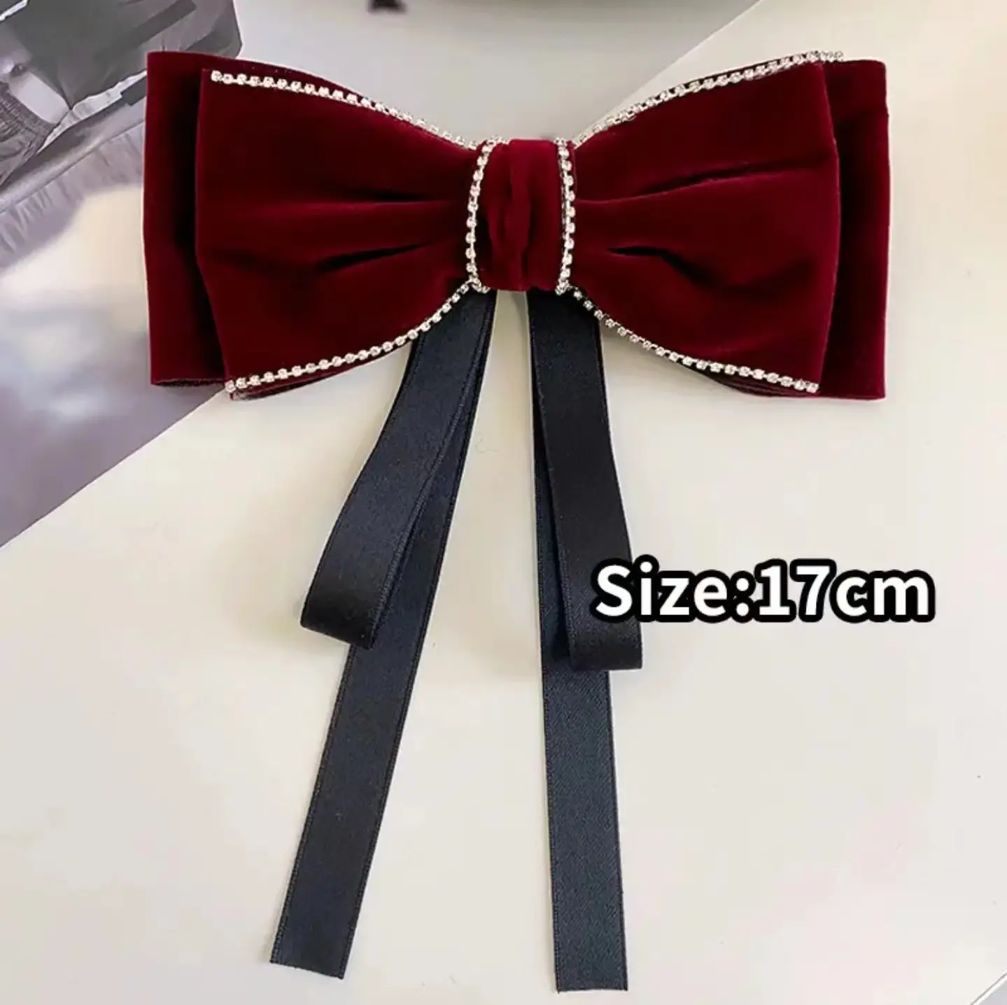 Velvet Spring Clip Bow Red with Pearl Trim