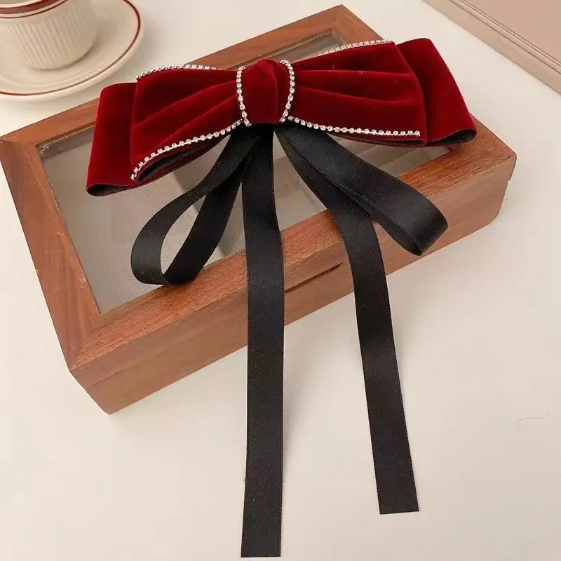 Velvet Spring Clip Bow Red with Pearl Trim